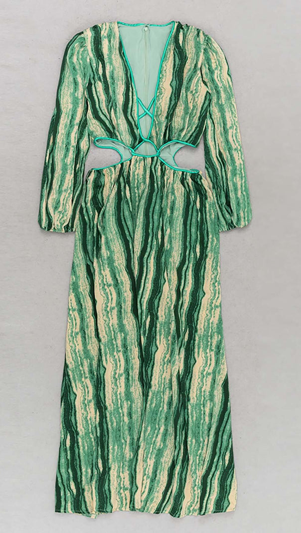 AIIZIE ALLOVER PRINT CUT OUT PUFF SLEEVE DRESS IN EMERALD GEMSTONE - product image