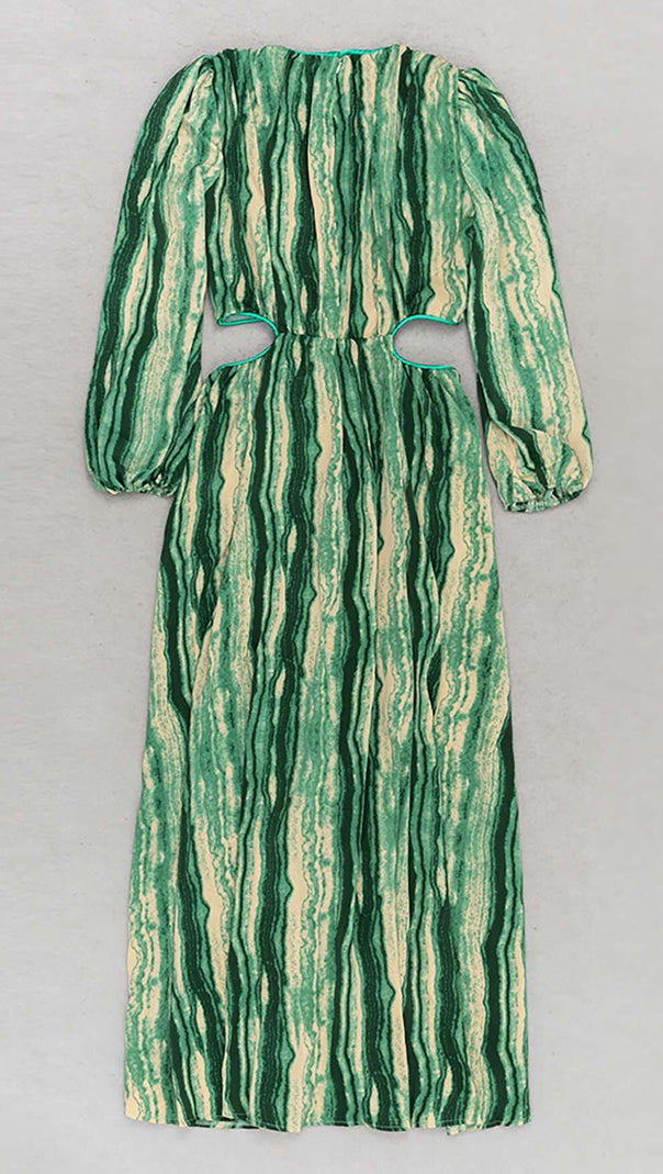 AIIZIE ALLOVER PRINT CUT OUT PUFF SLEEVE DRESS IN EMERALD GEMSTONE - product image