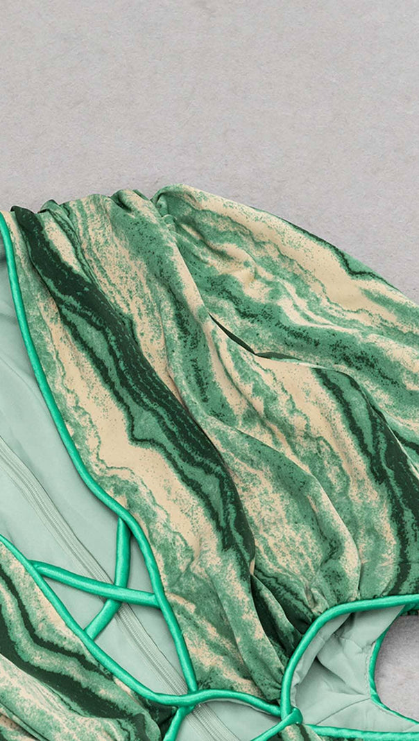 Kleid mit Allover-Print, Cut-Outs und PUFFÄRMELN aus SMARAGD-EDELSTEIN
