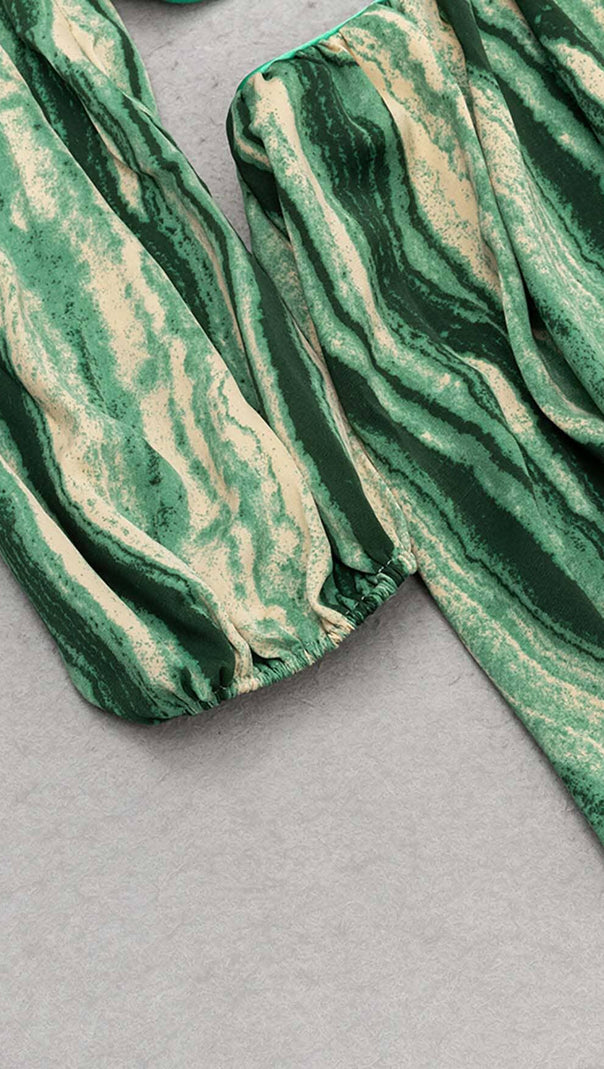 Kleid mit Allover-Print, Cut-Outs und PUFFÄRMELN aus SMARAGD-EDELSTEIN