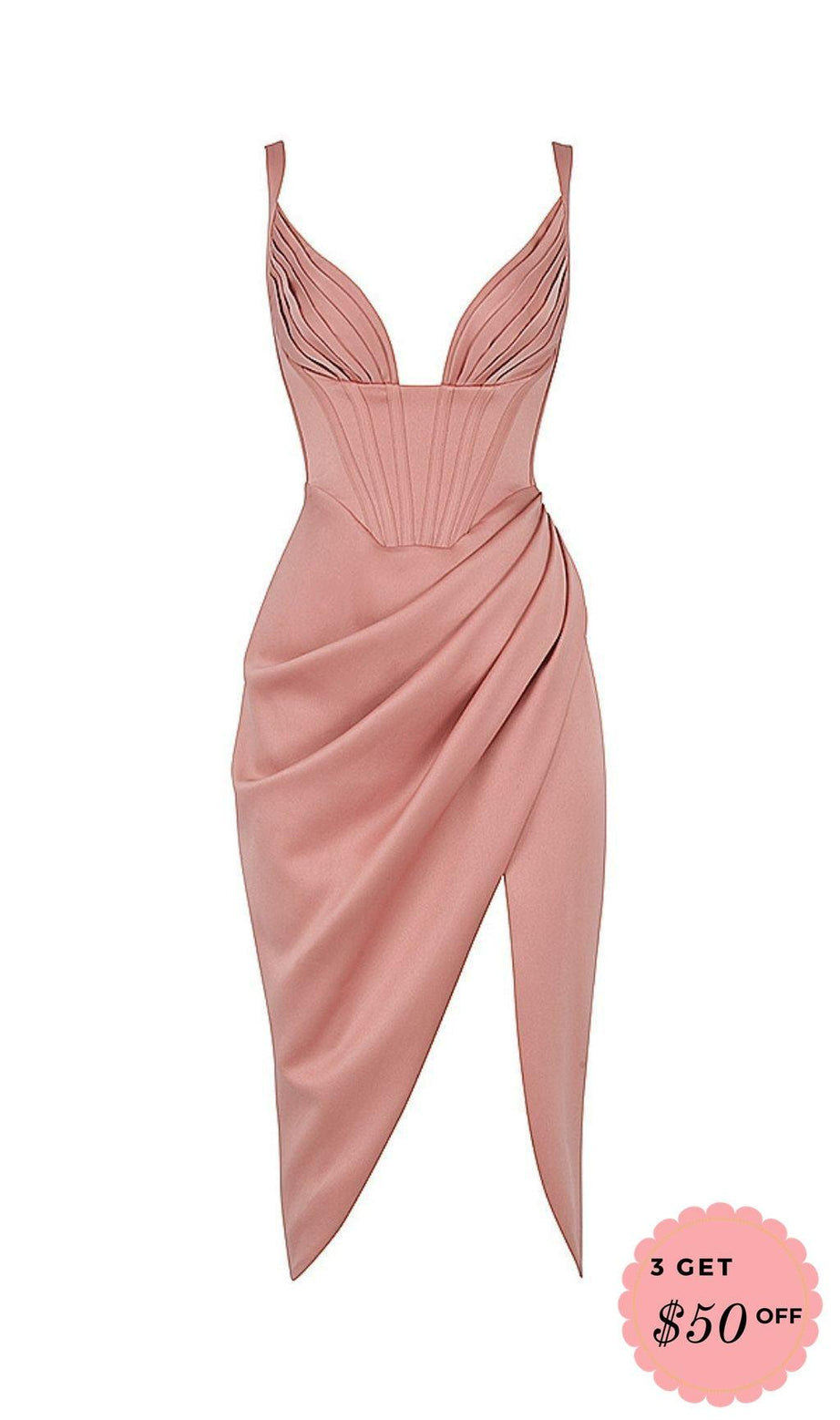 SATIN CORSET MIDI DRESS IN BLUSH
