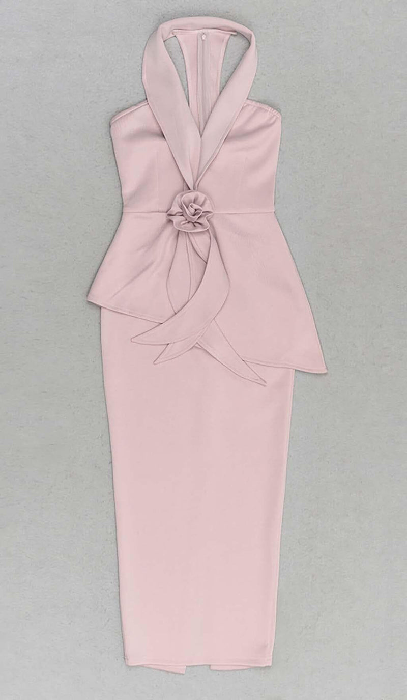 APPLIQUÉD BANDAGE MIDII DRESS IN PALE PINK