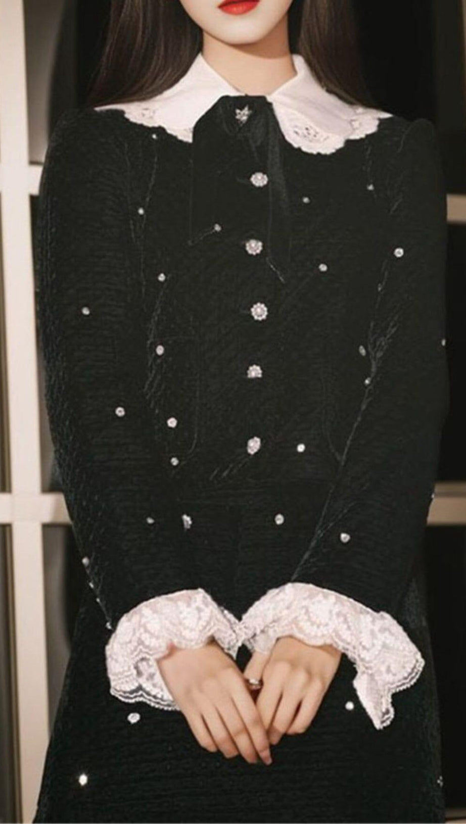 STARRY VELVET RHINESTONE LACE TRUMPET SLEEVE SHORT COAT & SKIRT SUIT