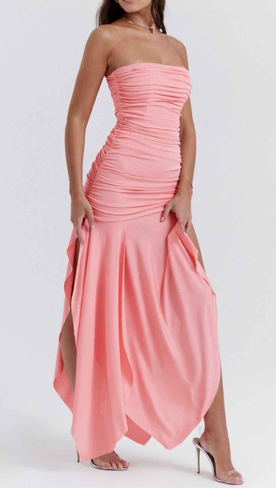 APRICOT GATHERED ASYMMETRIC DRESS