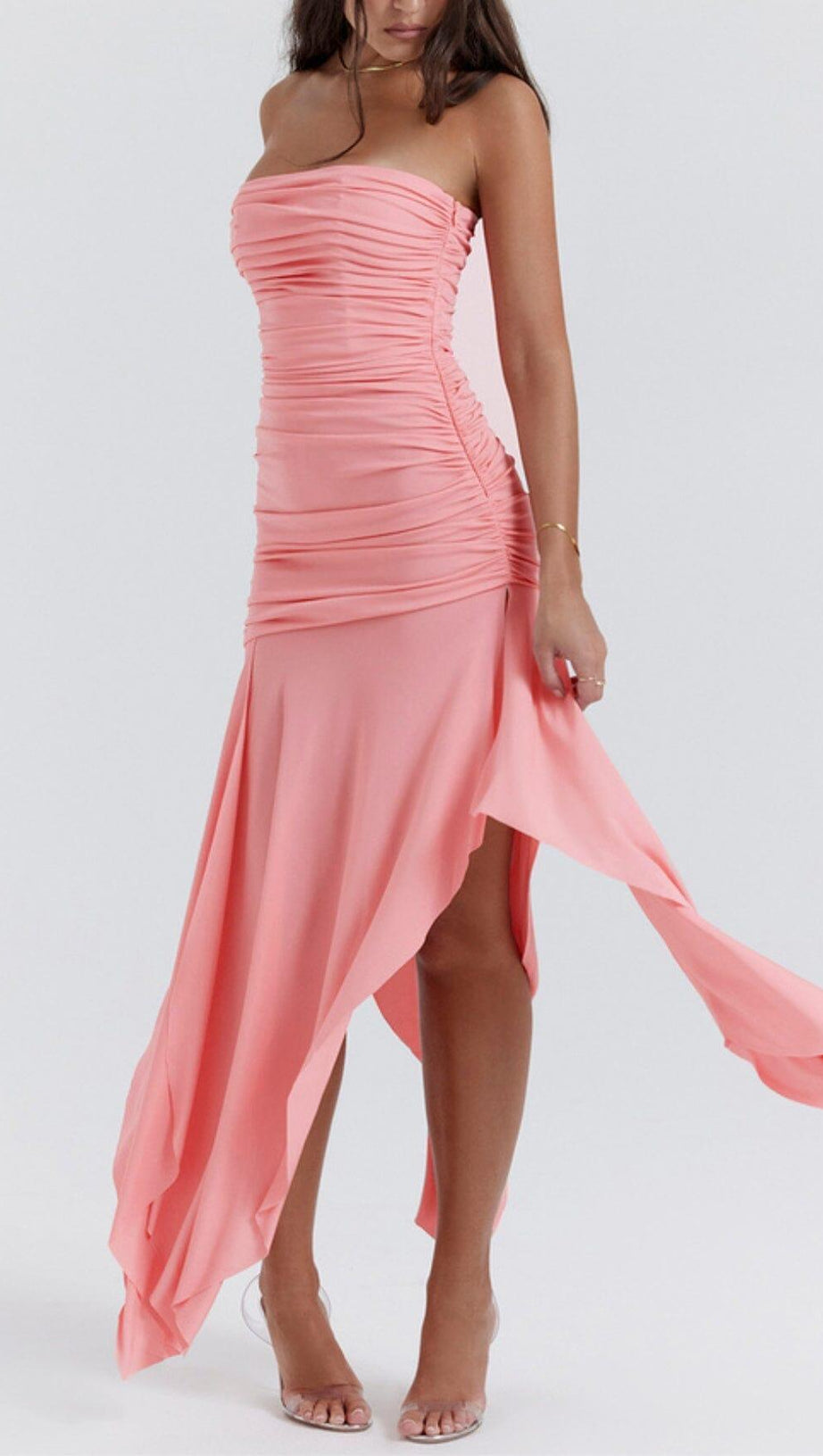 APRICOT GATHERED ASYMMETRIC DRESS