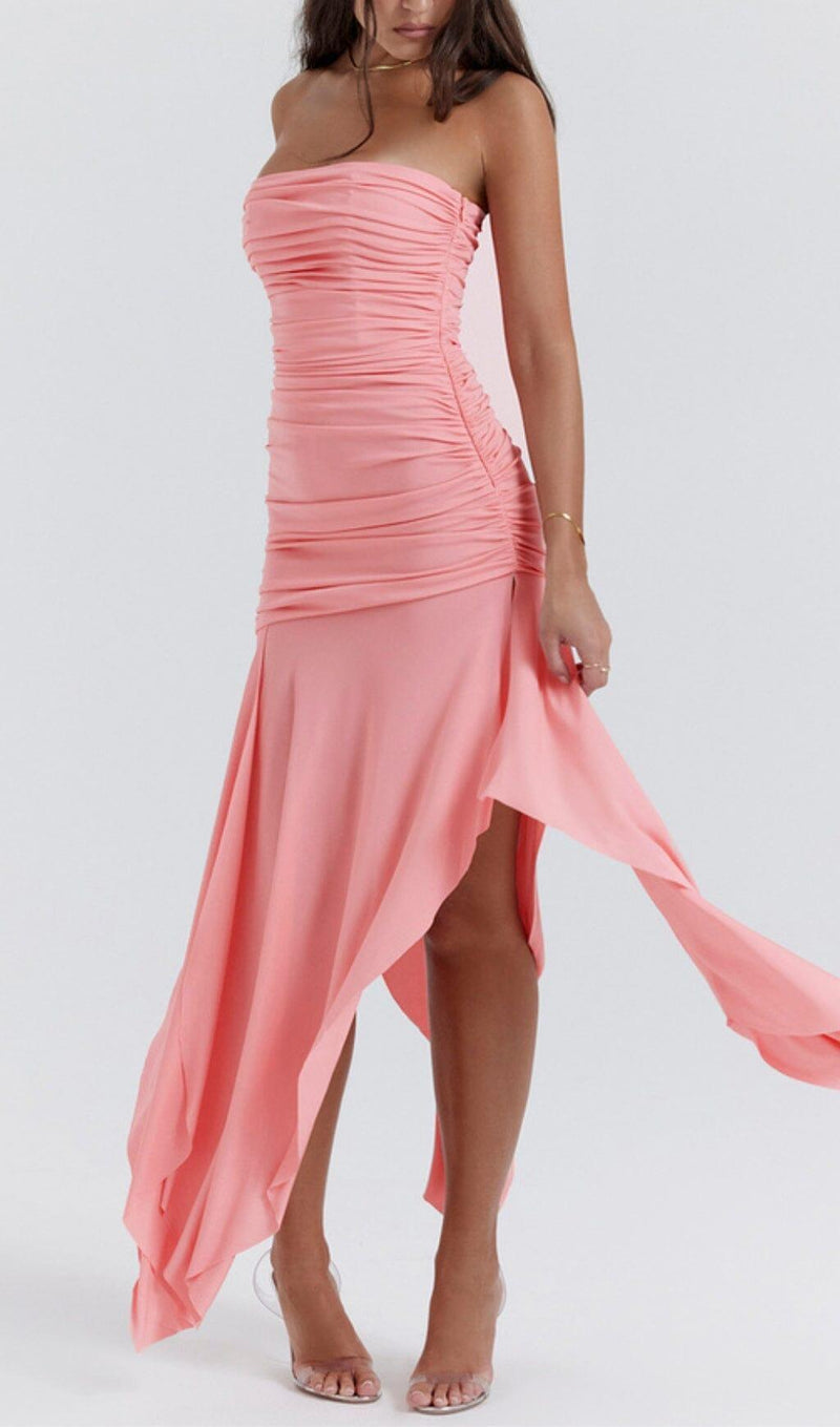 APRICOT GATHERED ASYMMETRIC DRESS