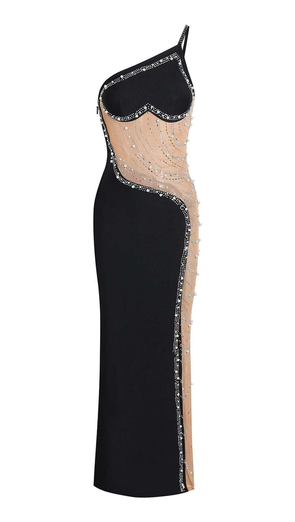 AIIZIE ASYMMETRIC CRYSTAL HEART MIDI DRESS IN BLACK - product image
