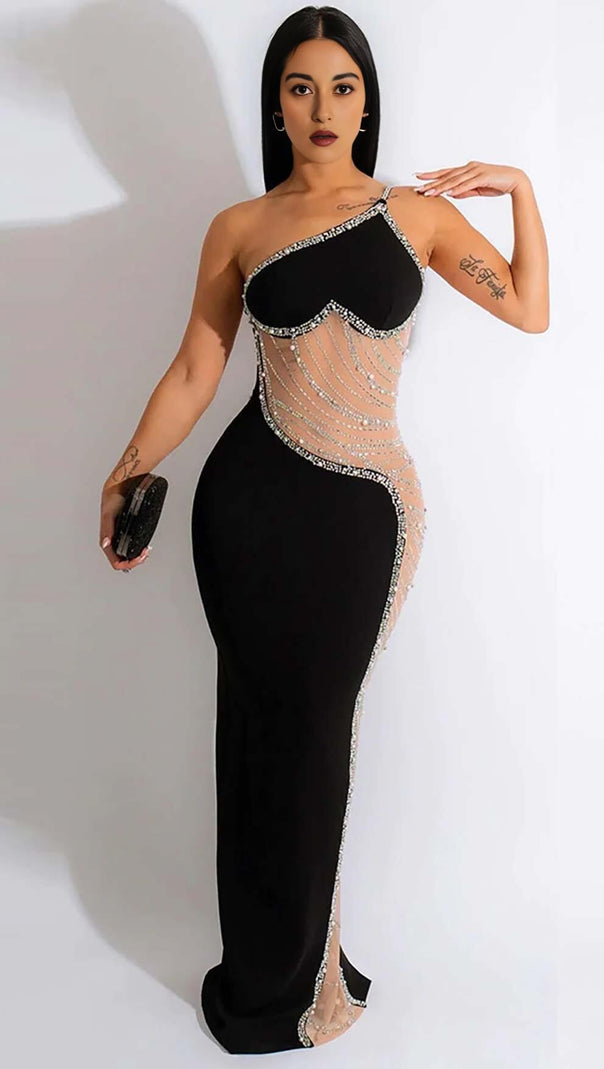 AIIZIE ASYMMETRIC CRYSTAL HEART MIDI DRESS IN BLACK - product image