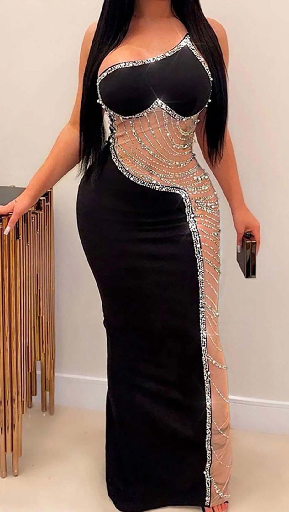 ASYMMETRIC CRYSTAL HEART MIDI DRESS IN BLACK