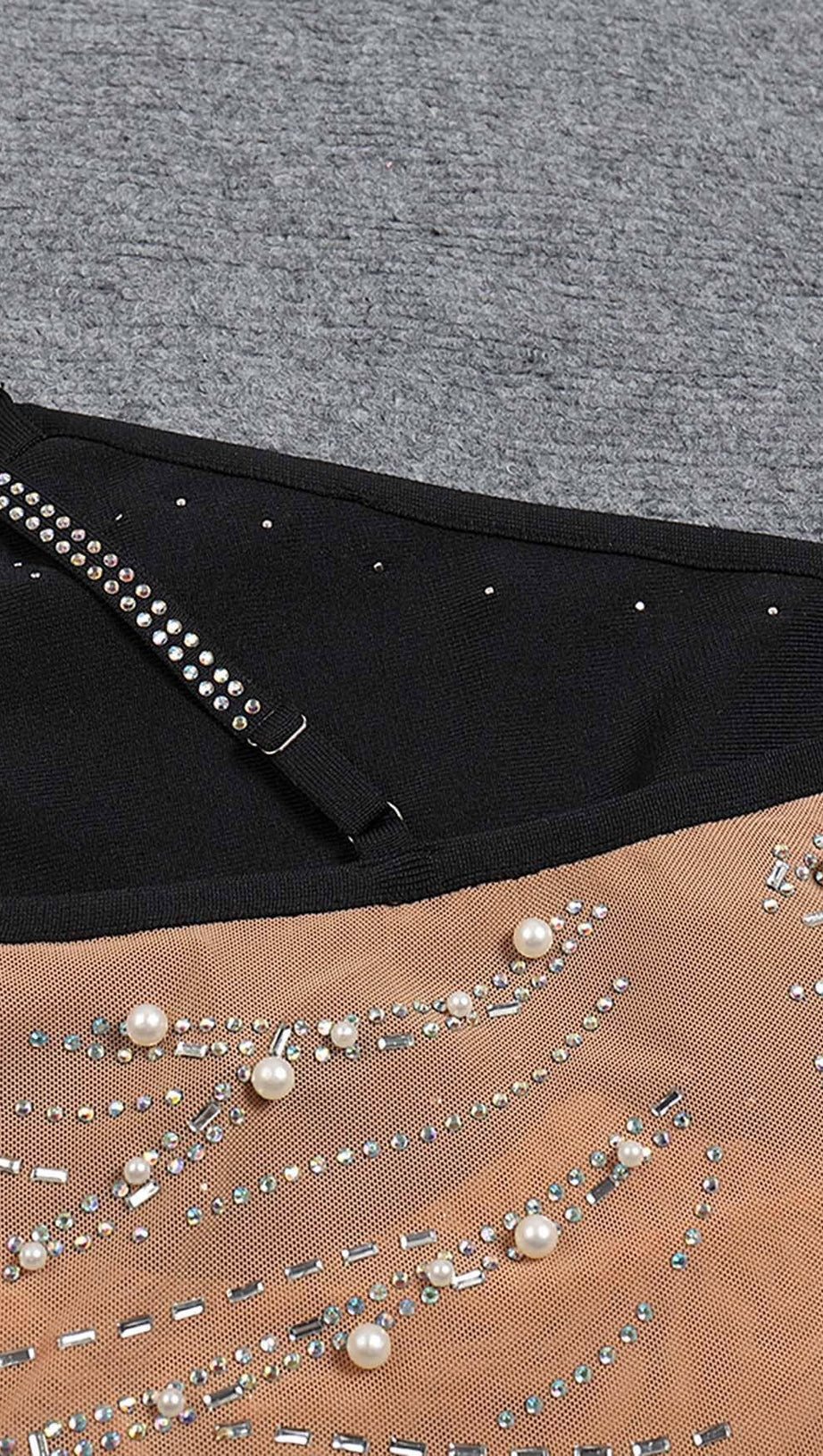 ASYMMETRIC CRYSTAL HEART MIDI DRESS IN BLACK
