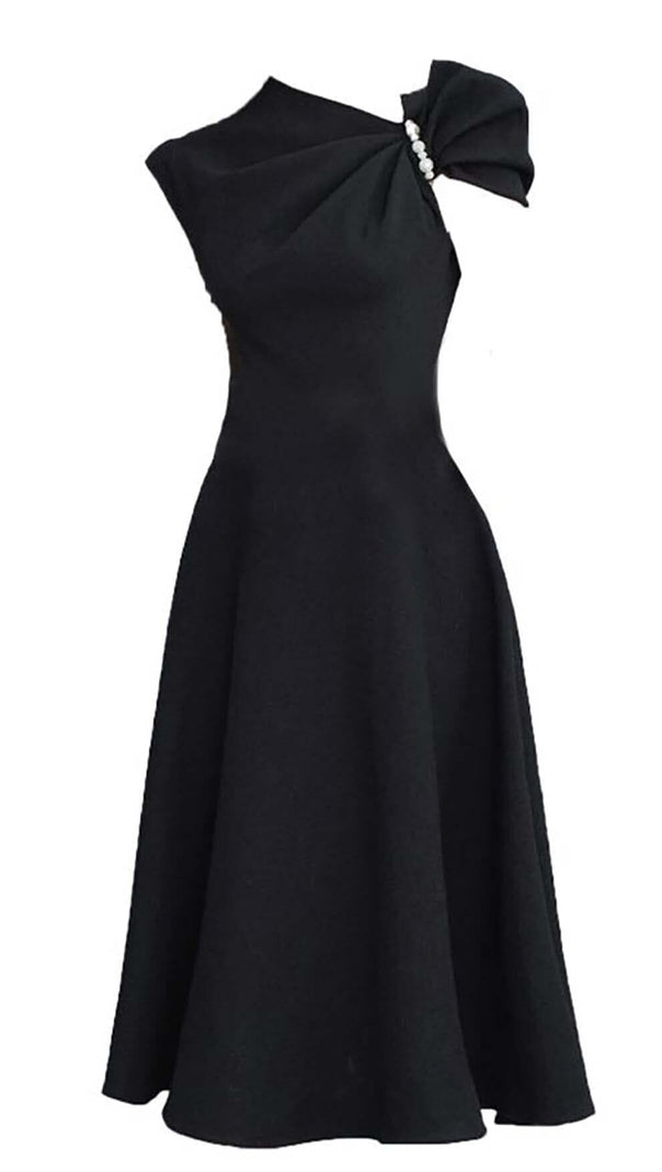AIIZIE ASYMMETRIC SLEEVE PEARLS MIDI DRESS IN BLACK - product image