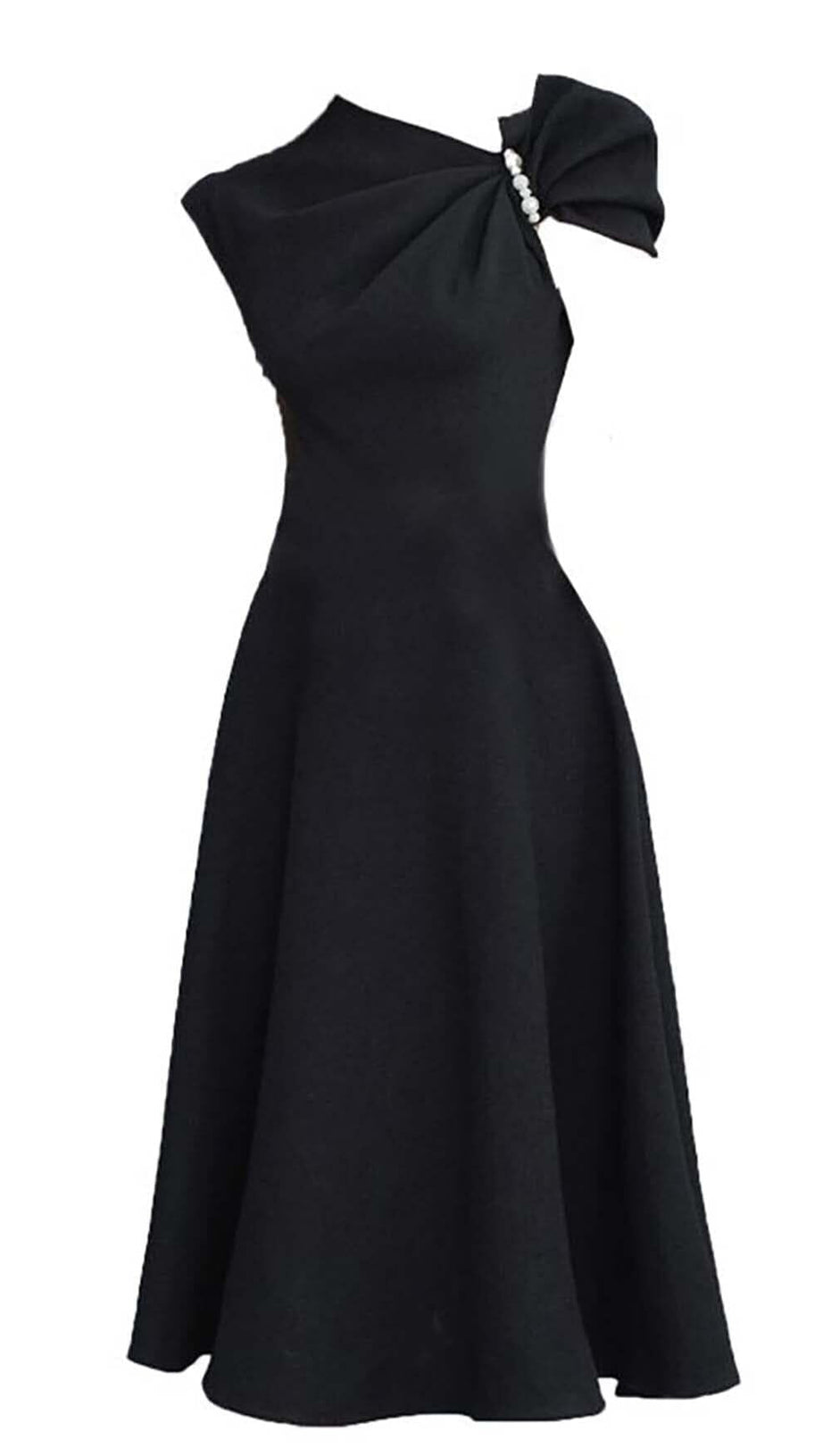 ASYMMETRIC SLEEVE PEARLS MIDI DRESS IN BLACK
