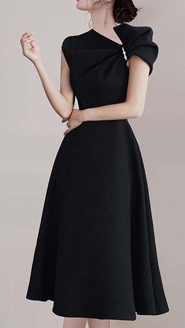 AIIZIE ASYMMETRIC SLEEVE PEARLS MIDI DRESS IN BLACK - product image