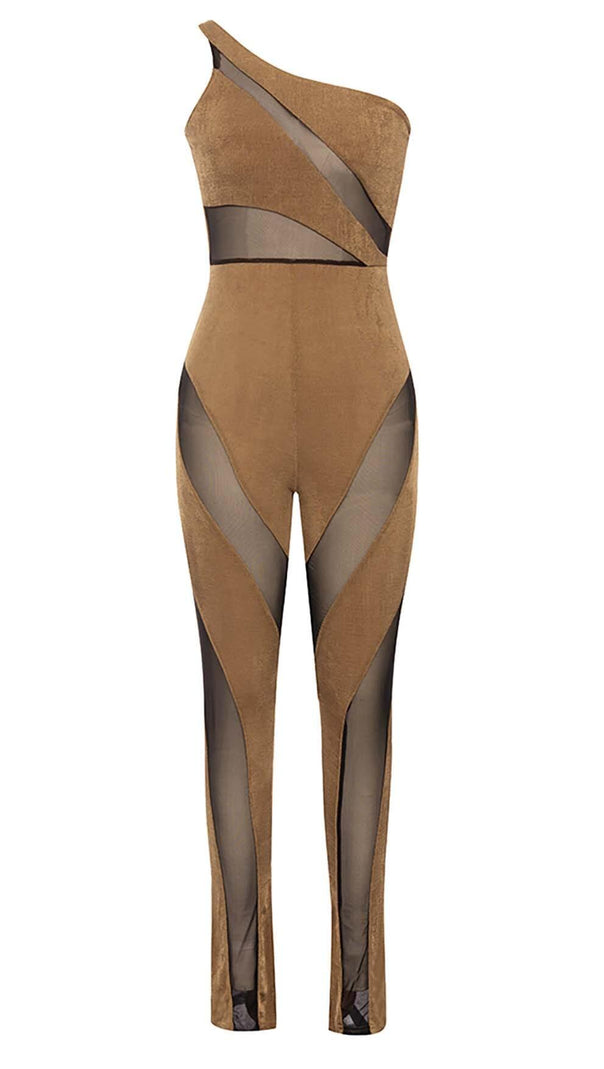 AIIZIE ASYMMETRICAL PATTERN MESH JUMPSUIT IN BROWN - product image