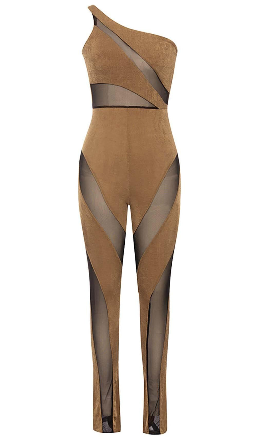 ASYMMETRICAL PATTERN MESH JUMPSUIT IN BROWN