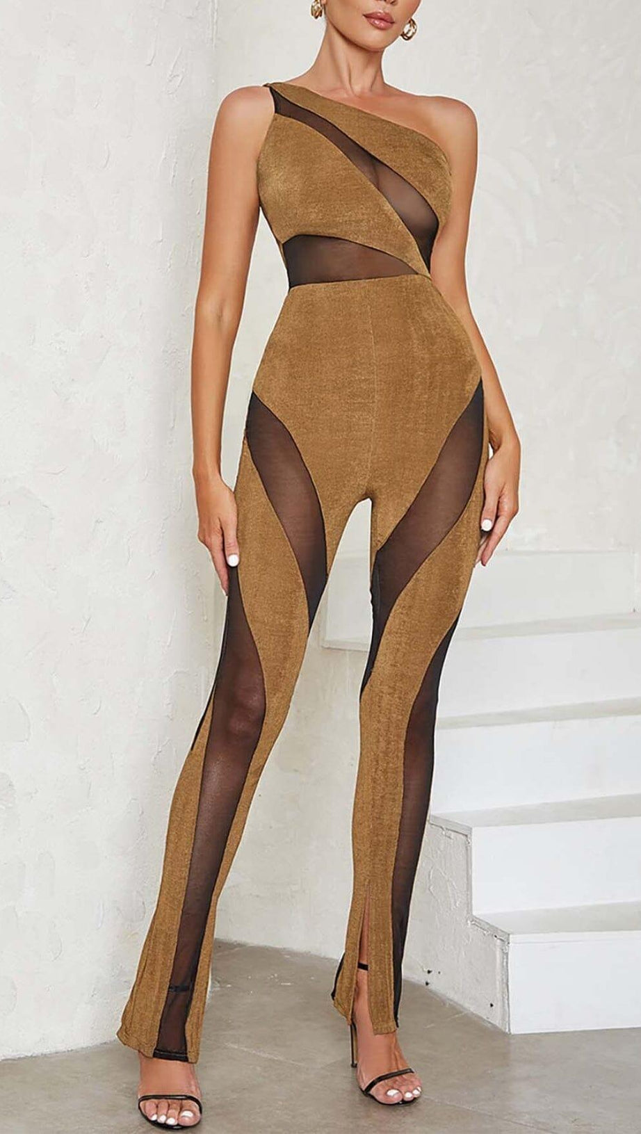 ASYMMETRICAL PATTERN MESH JUMPSUIT IN BROWN