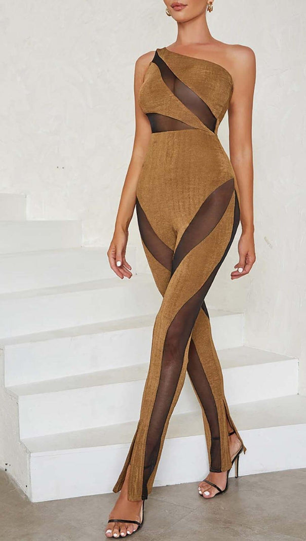 AIIZIE ASYMMETRICAL PATTERN MESH JUMPSUIT IN BROWN - product image