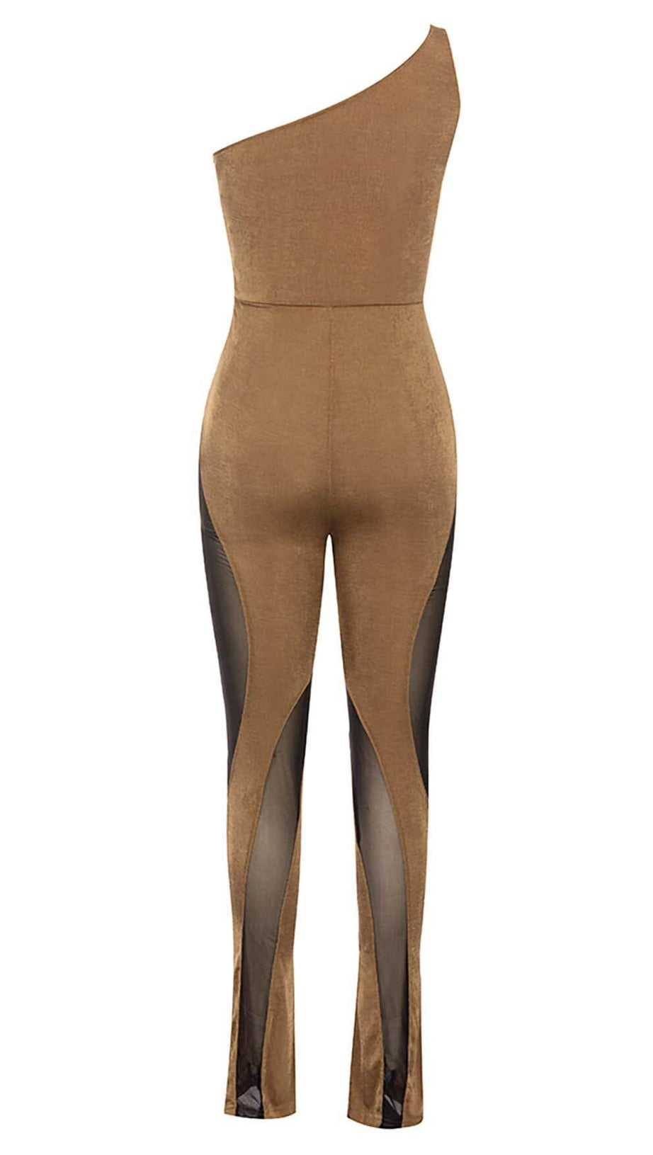 ASYMMETRICAL PATTERN MESH JUMPSUIT IN BROWN