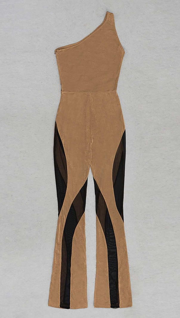 AIIZIE ASYMMETRICAL PATTERN MESH JUMPSUIT IN BROWN - product image