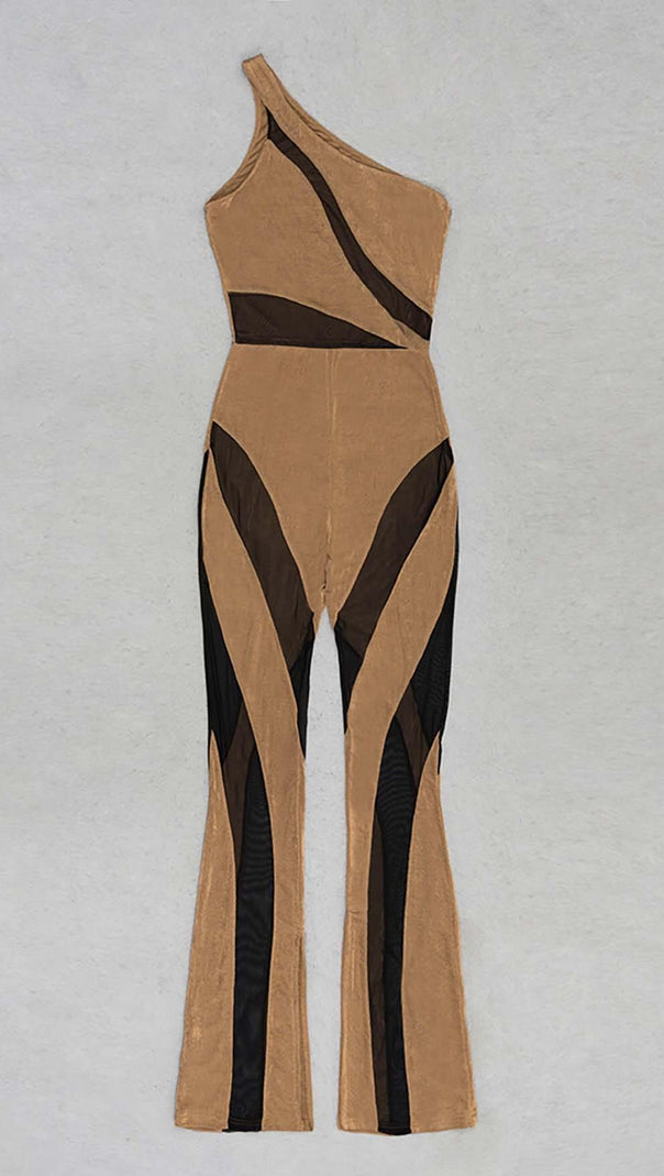 AIIZIE ASYMMETRICAL PATTERN MESH JUMPSUIT IN BROWN - product image