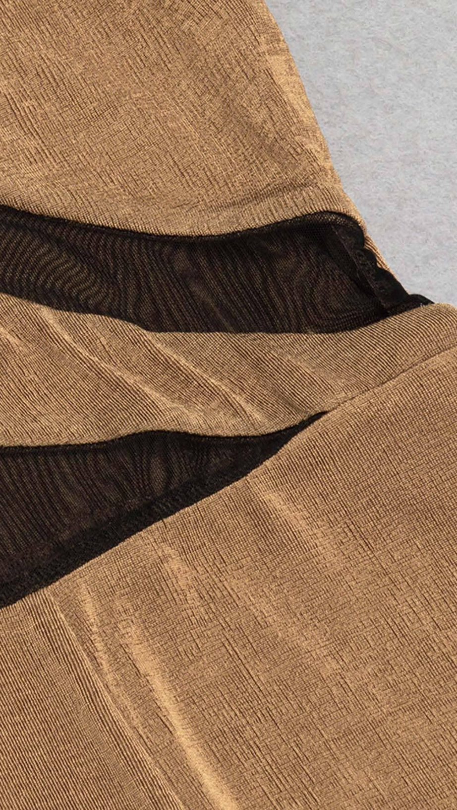 ASYMMETRICAL PATTERN MESH JUMPSUIT IN BROWN