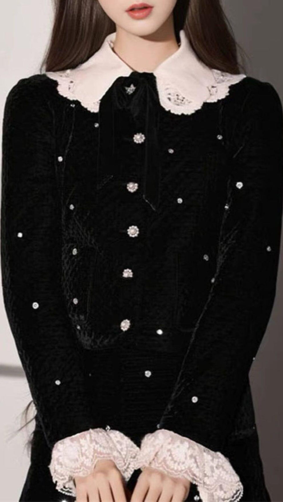 STARRY VELVET RHINESTONE LACE TRUMPET SLEEVE SHORT COAT & SKIRT SUIT