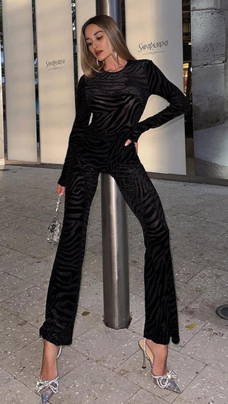 ZEBRA PRINT SHEER CARVED VELVET JUMPSUIT SET