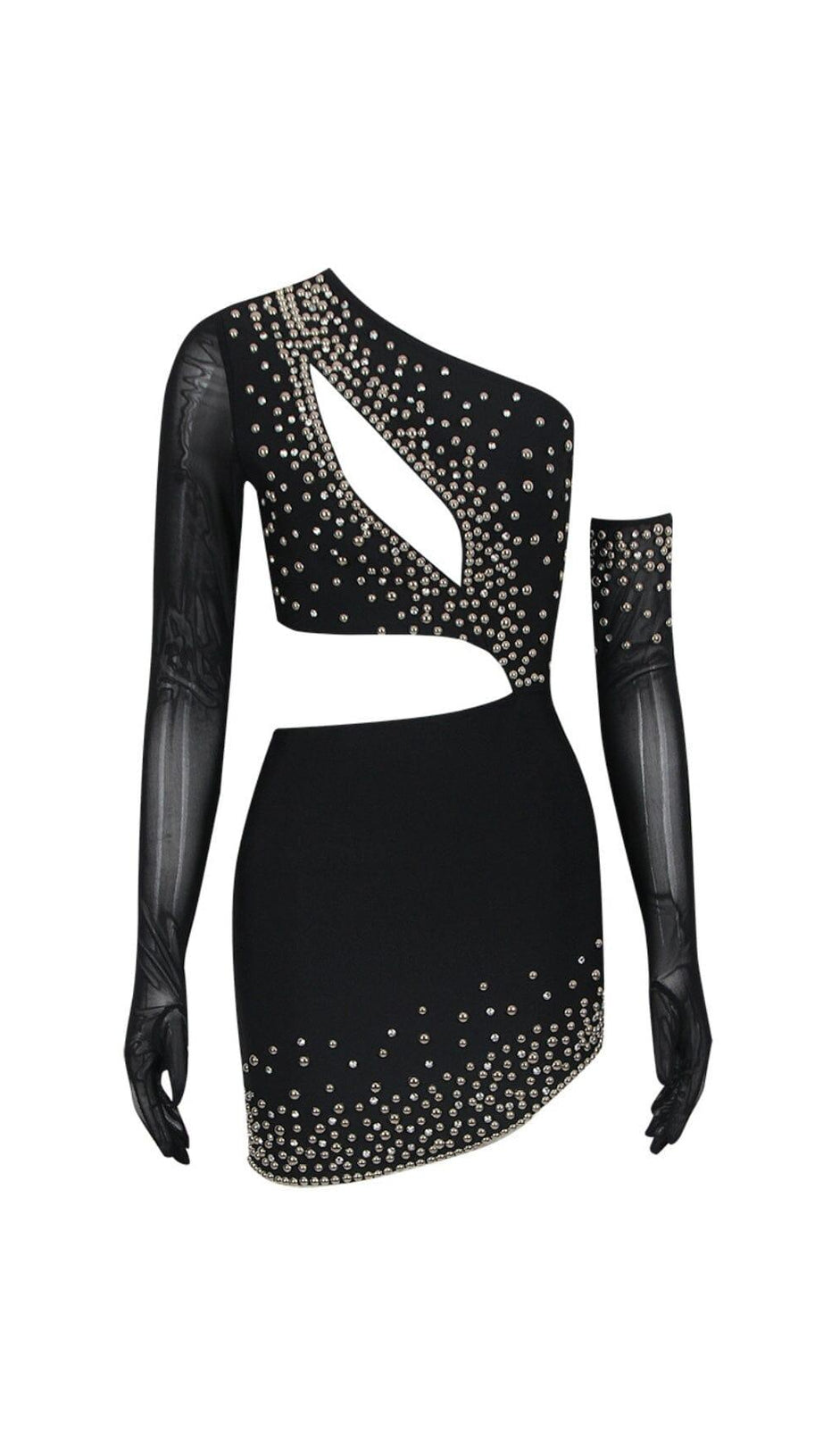 BANDAGE CUTOUT STUDDED MINI DRESS IN BLACK