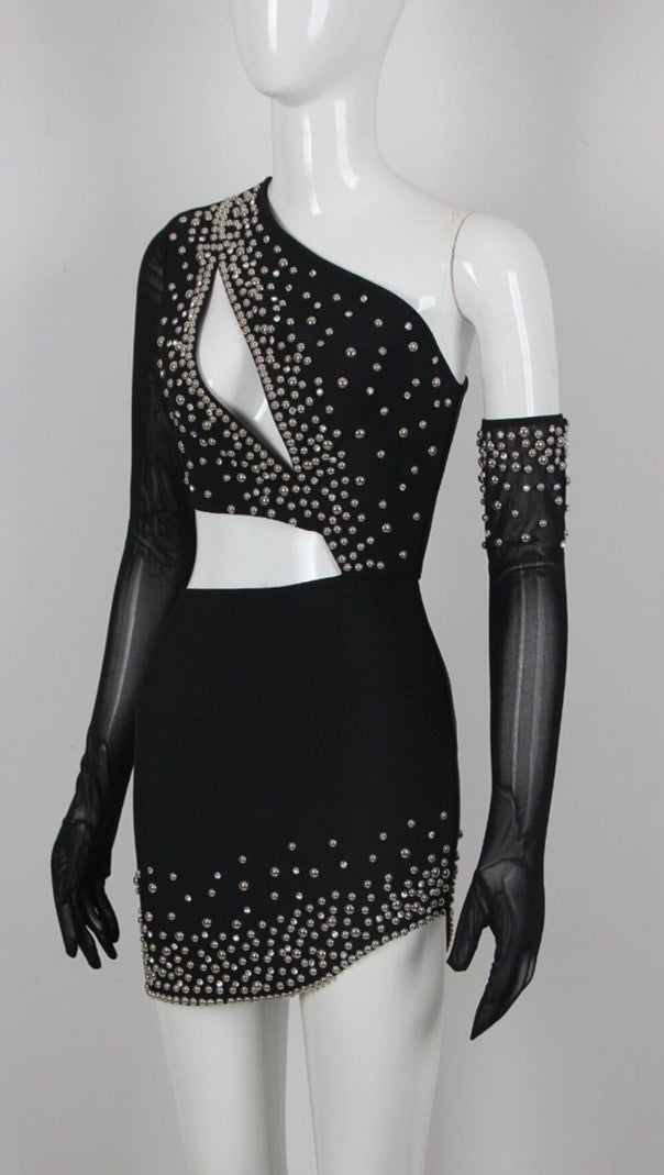 AIIZIE BANDAGE CUTOUT STUDDED MINI DRESS IN BLACK - product image