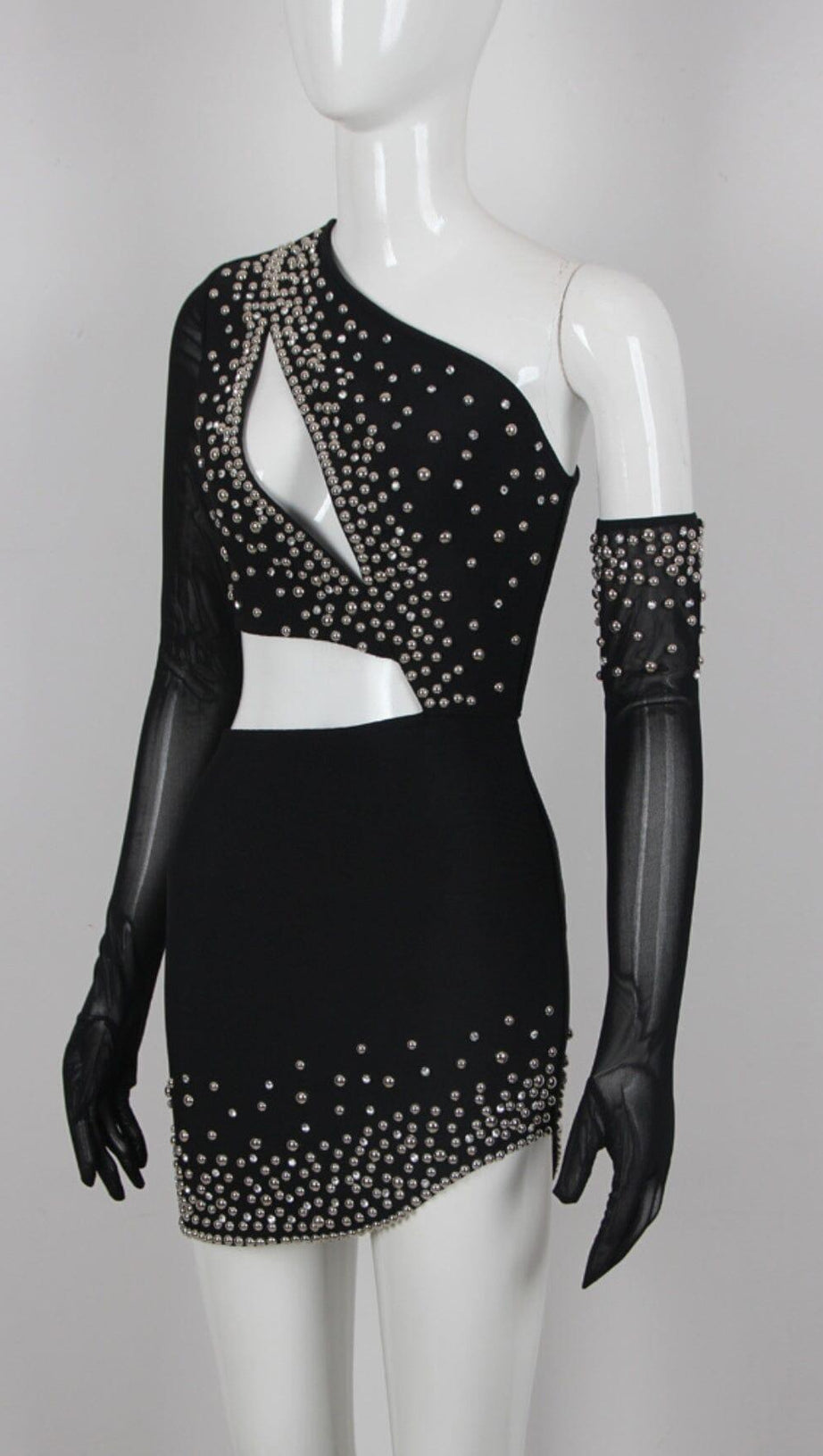 BANDAGE CUTOUT STUDDED MINI DRESS IN BLACK