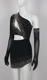 BANDAGE CUTOUT STUDDED MINI DRESS IN BLACK