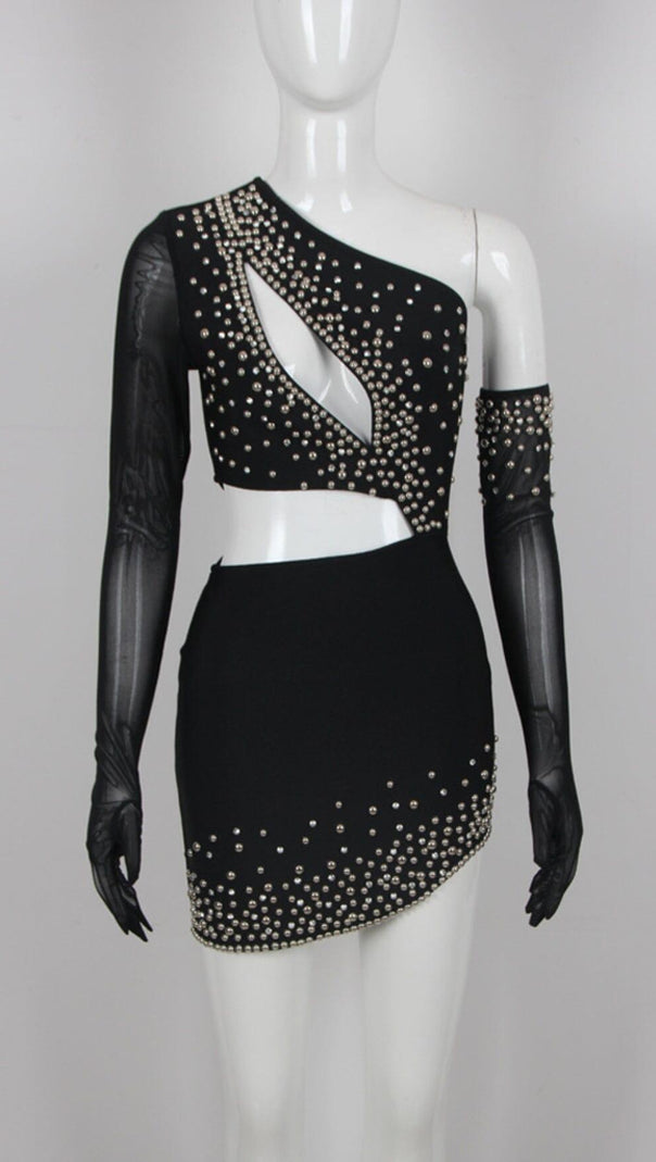 AIIZIE BANDAGE CUTOUT STUDDED MINI DRESS IN BLACK - product image
