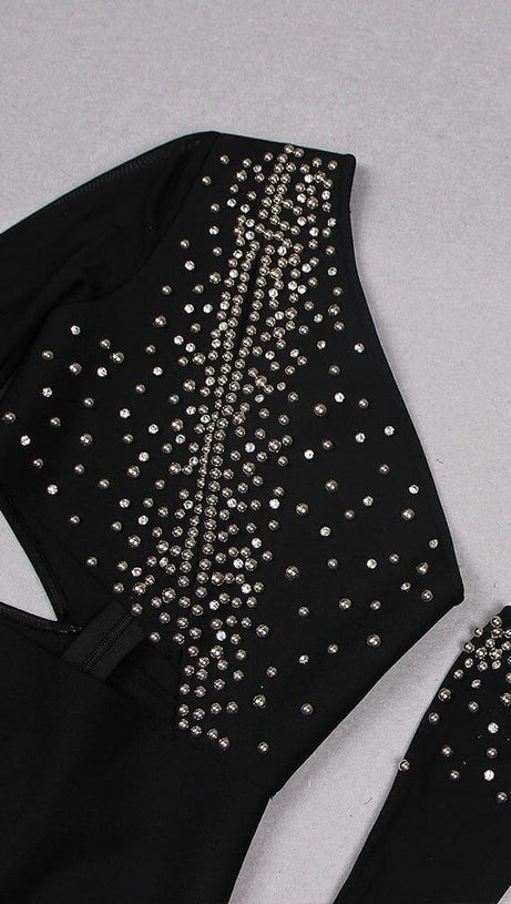 BANDAGE CUTOUT STUDDED MINI DRESS IN BLACK