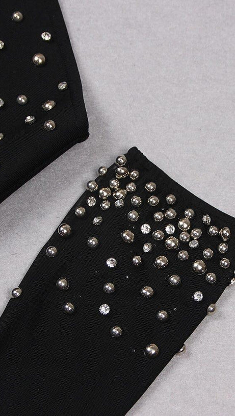 BANDAGE CUTOUT STUDDED MINI DRESS IN BLACK