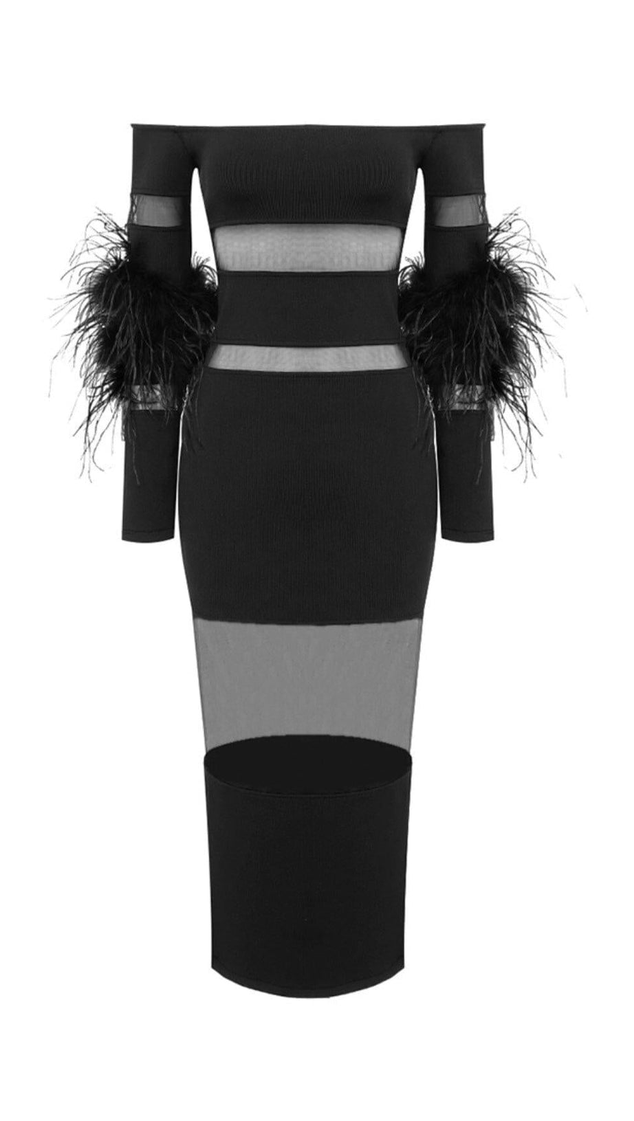 BANDAGE OFF-SHOULDER FEATHER MIDI DRESS IN BLACK