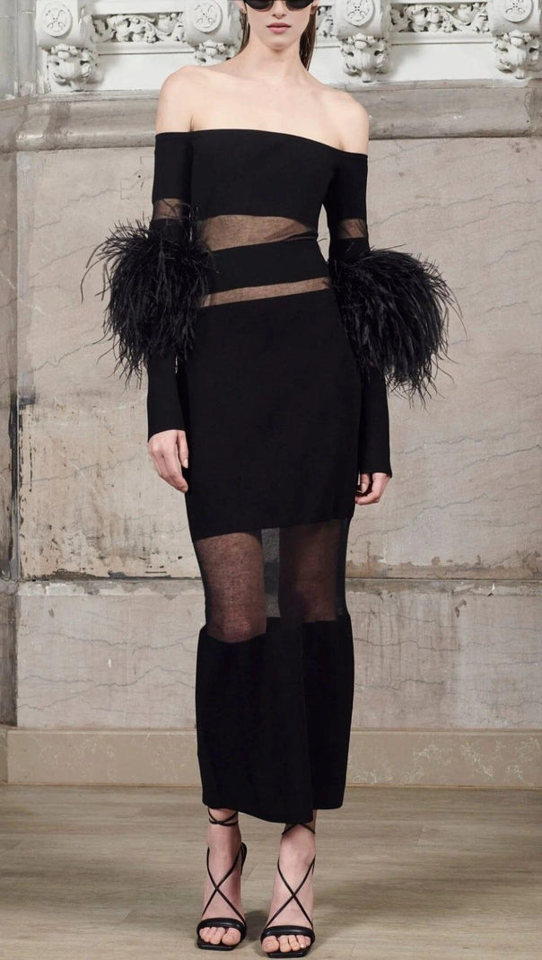 AIIZIE BANDAGE OFF-SHOULDER FEATHER MIDI DRESS IN BLACK - product image