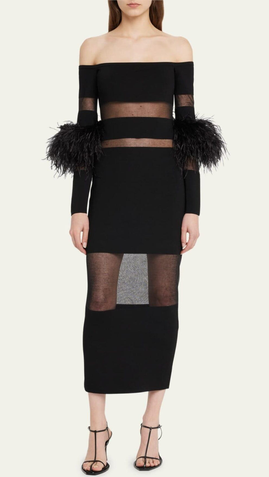 BANDAGE OFF-SHOULDER FEATHER MIDI DRESS IN BLACK
