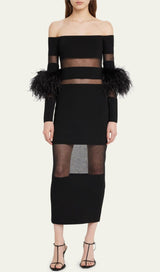 BANDAGE OFF-SHOULDER FEATHER MIDI DRESS IN BLACK