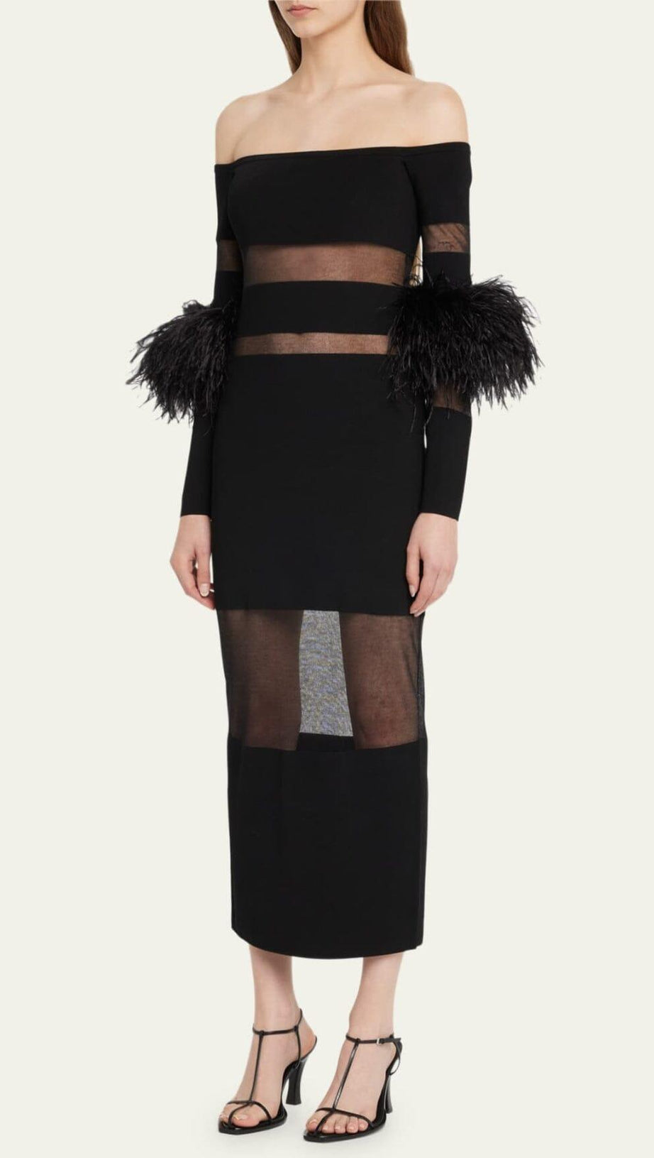 BANDAGE OFF-SHOULDER FEATHER MIDI DRESS IN BLACK