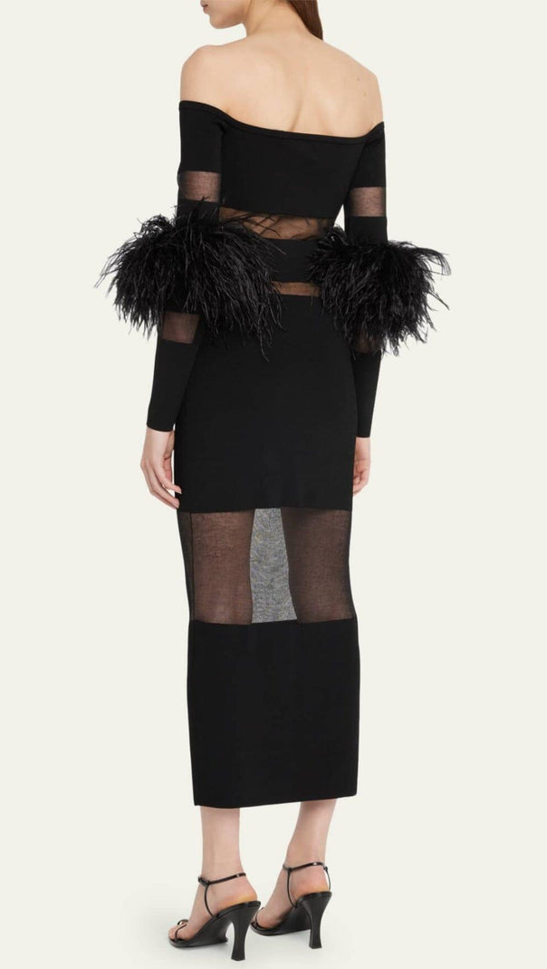 AIIZIE BANDAGE OFF-SHOULDER FEATHER MIDI DRESS IN BLACK - product image