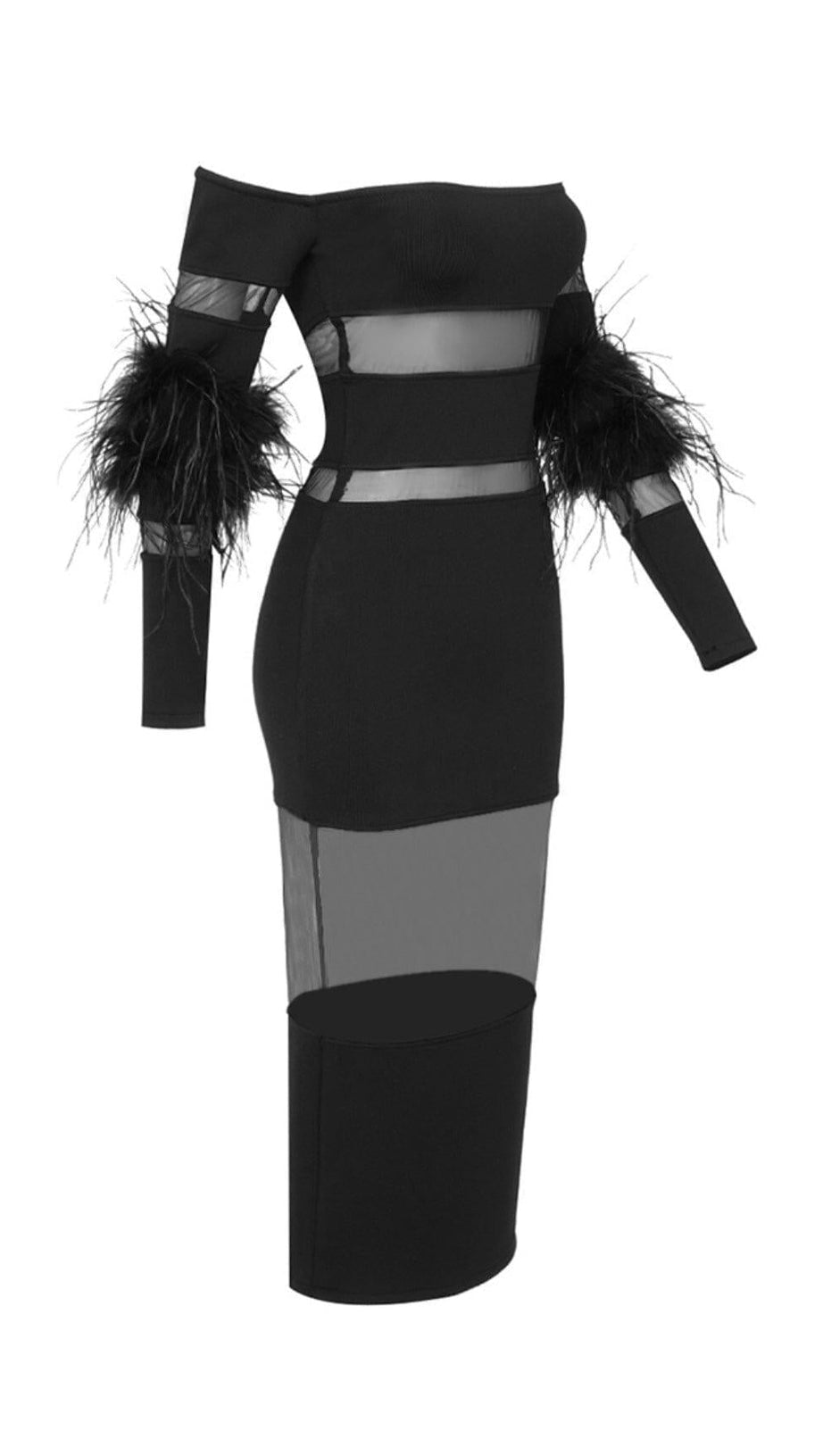 BANDAGE OFF-SHOULDER FEATHER MIDI DRESS IN BLACK