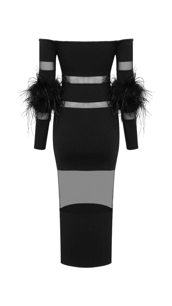 AIIZIE BANDAGE OFF-SHOULDER FEATHER MIDI DRESS IN BLACK - product image