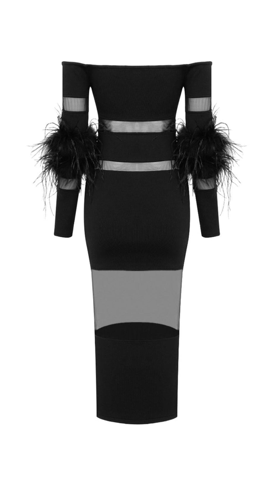 BANDAGE OFF-SHOULDER FEATHER MIDI DRESS IN BLACK