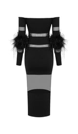 BANDAGE OFF-SHOULDER FEATHER MIDI DRESS IN BLACK