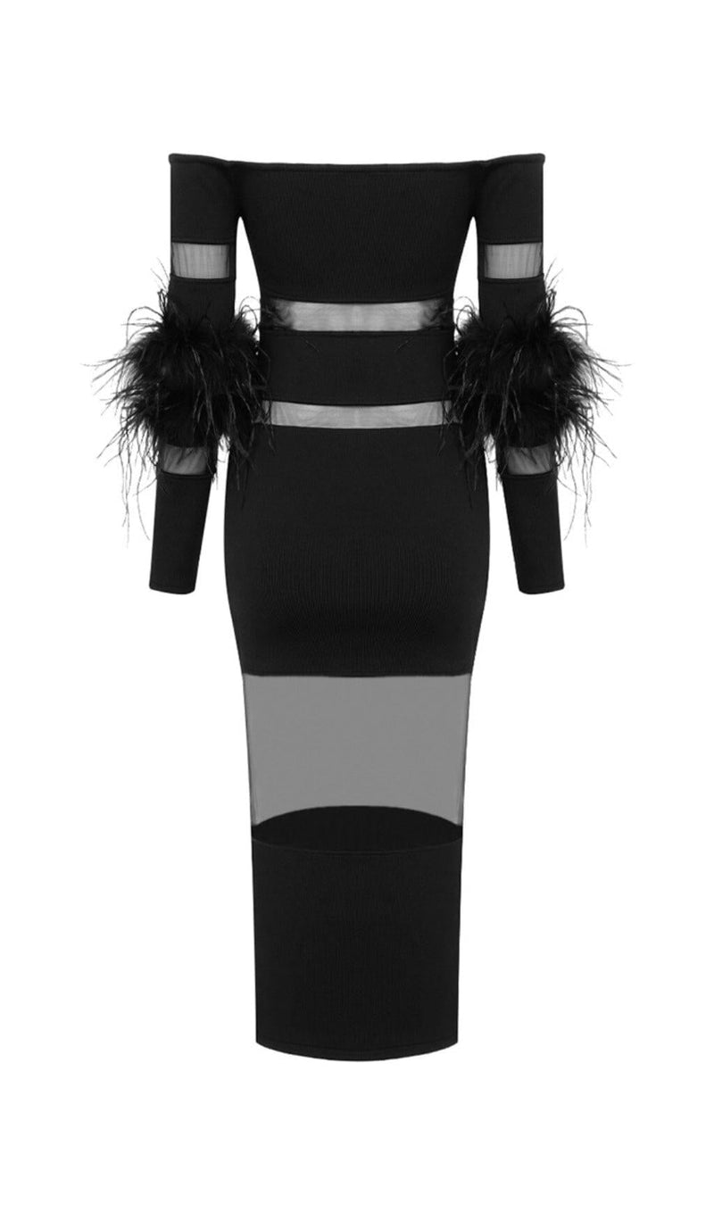 BANDAGE OFF-SHOULDER FEATHER MIDI DRESS IN BLACK