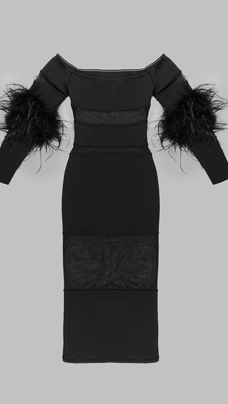 BANDAGE OFF-SHOULDER FEATHER MIDI DRESS IN BLACK
