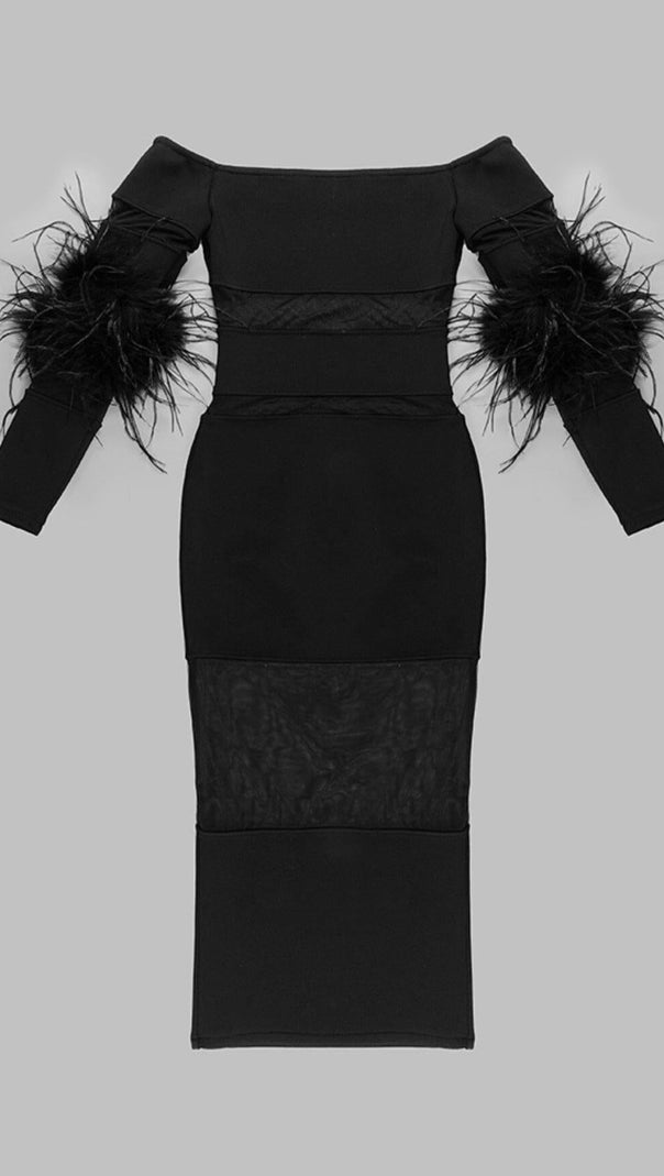 ABITO MIDI CON BENDAGGIO E SPALLE SCOPERTE IN PIUME NERO