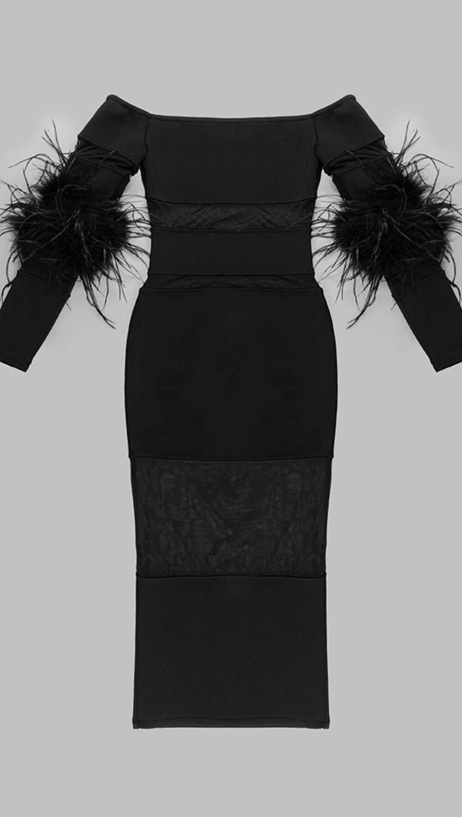 BANDAGE OFF-SHOULDER FEATHER MIDI DRESS IN BLACK