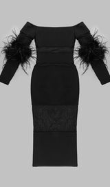 BANDAGE OFF-SHOULDER FEATHER MIDI DRESS IN BLACK