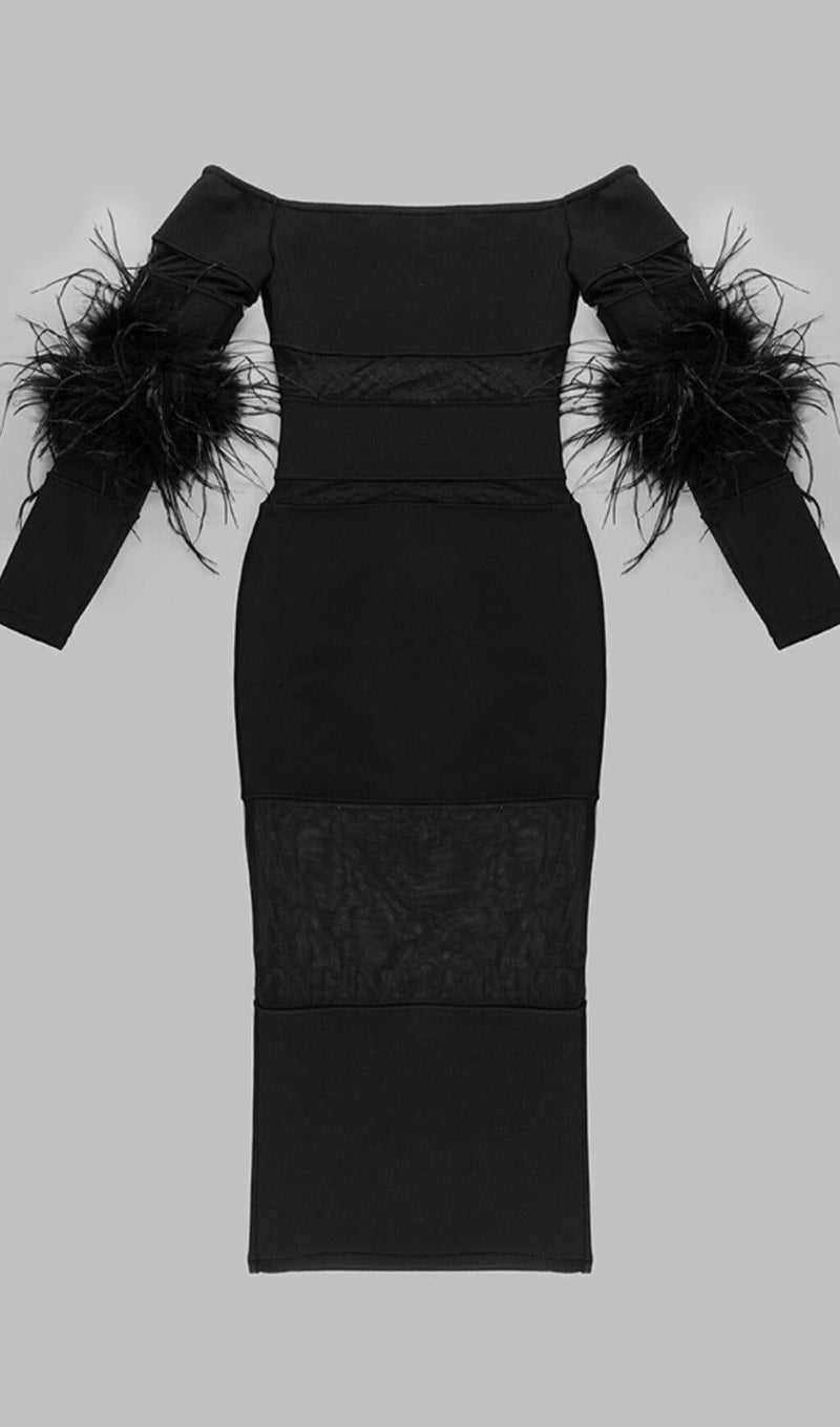 BANDAGE OFF-SHOULDER FEATHER MIDI DRESS IN BLACK